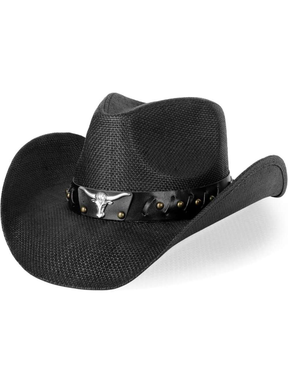 Unisex Black Shapeable Distressed Longhorn Bull Band Western Straw Cowboy Hat